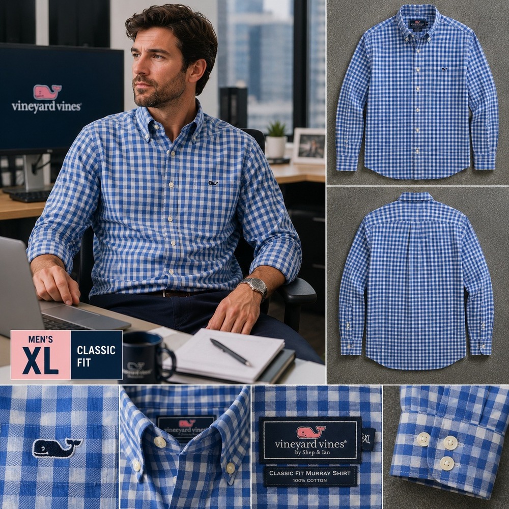 Vineyard Vines Mens XL Slim Fit Murray Shirt Blue Plaid Cotton Button Down